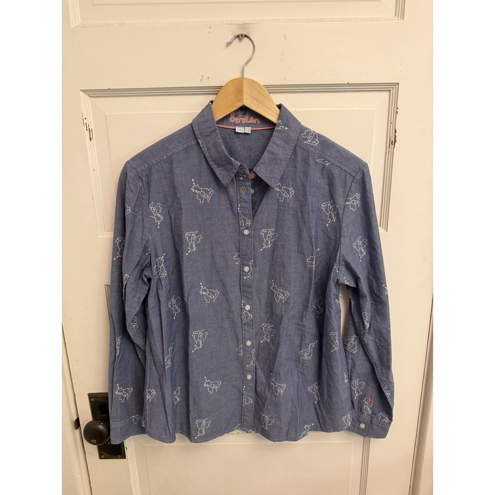 Boden Women's Blue Chambray Long Sleeve Shirt London UK Map Cotton Size 10P